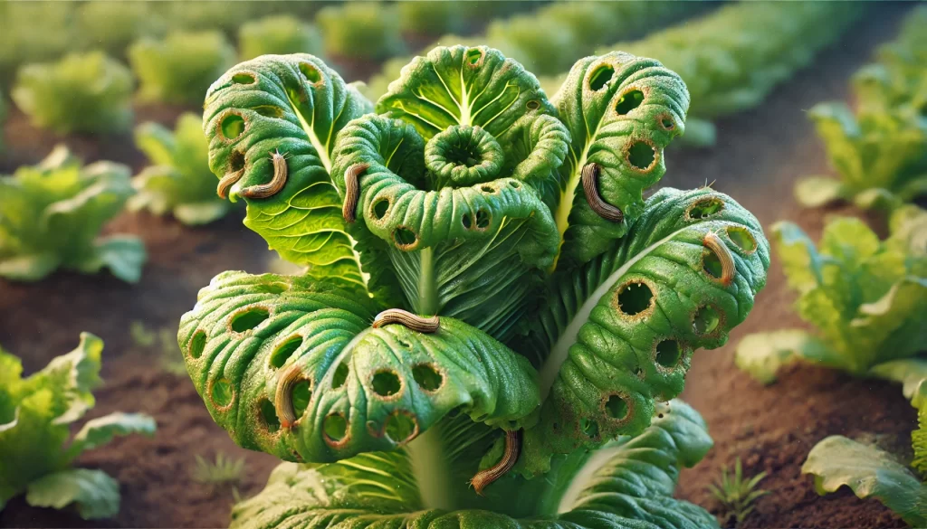 DALL·E 2025 01 13 09.36.44 A highly realistic close up image of a lettuce plant showing symptoms of damage caused by slugs and snails. The leaves have visible chew marks, holes,