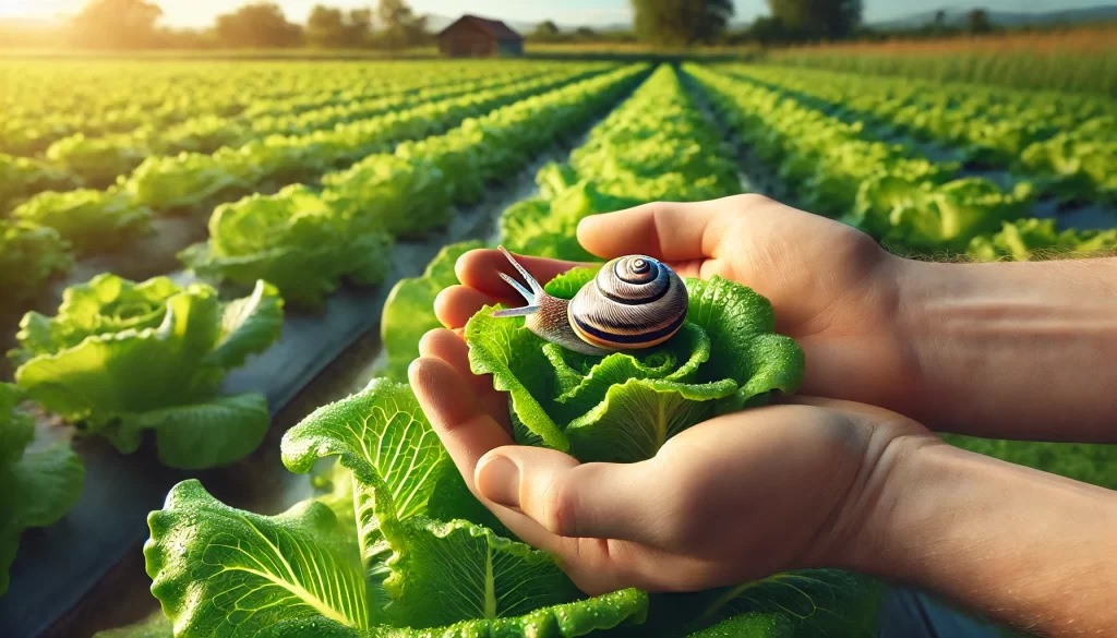 DALL·E 2025 01 13 09.38.12 A highly realistic close up image of a farmer's hand gently removing a snail from a healthy lettuce plant in a field. The hand is carefully holding th