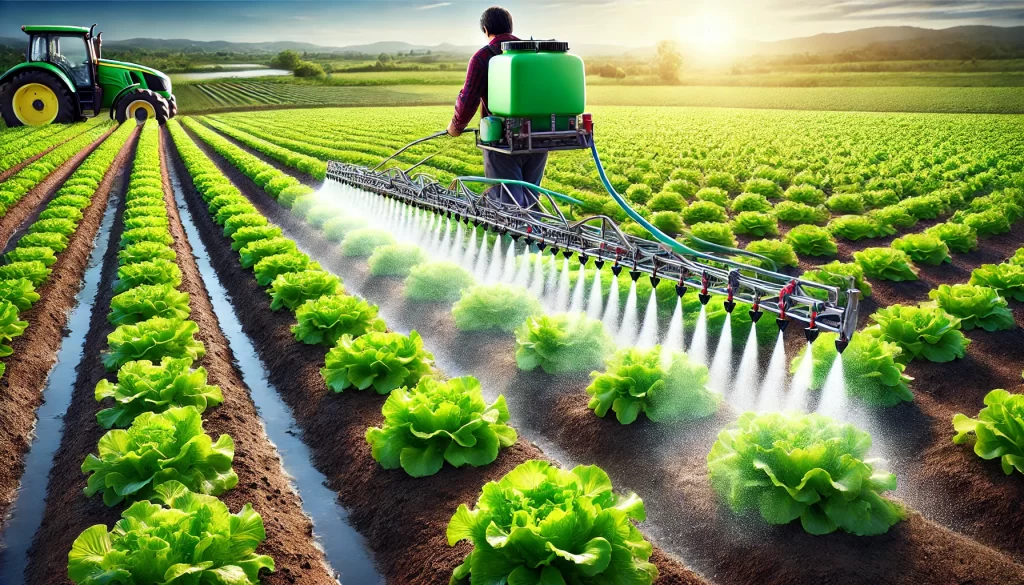 DALL·E 2025 01 13 09.43.41 A highly realistic image of a farmer applying nutrients and fertilizers to a lettuce field. The farmer is using a modern sprayer or spreader to evenly