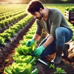 DALL·E 2025 01 13 09.47.13 A highly realistic image of a farmer harvesting a mature lettuce plant in a field. The farmer, wearing practical clothing and gloves, is kneeling and