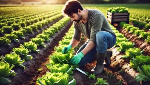 DALL·E 2025 01 13 09.47.13 A highly realistic image of a farmer harvesting a mature lettuce plant in a field. The farmer, wearing practical clothing and gloves, is kneeling and