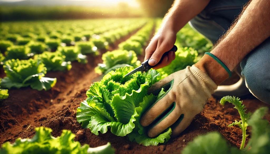 DALL·E 2025 01 13 09.49.24 A highly realistic close up image of a farmer's hand harvesting a mature lettuce plant in a field. The hand is wearing a protective glove and carefull