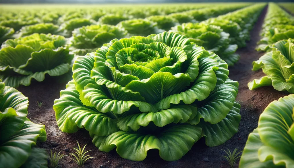 DALL·E 2025 01 13 09.50.47 A highly realistic close up image of a mature lettuce plant growing in a field. The vibrant green leaves are full and crisp, arranged in a natural ros