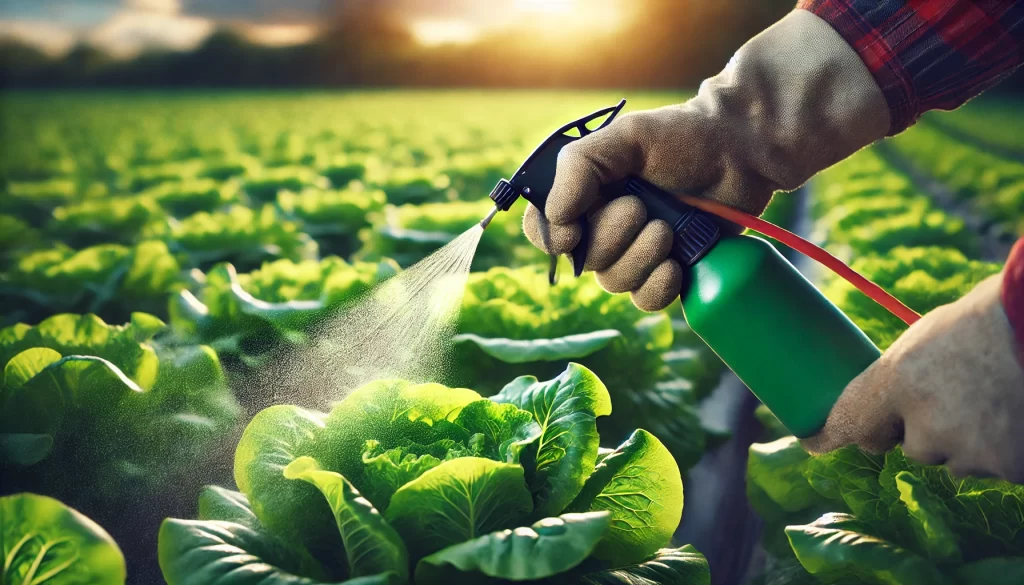 DALL·E 2025 01 13 09.52.15 A highly realistic close up image of a farmer's hand applying pesticide to lettuce plants in a field. The hand, wearing a protective glove, is holding