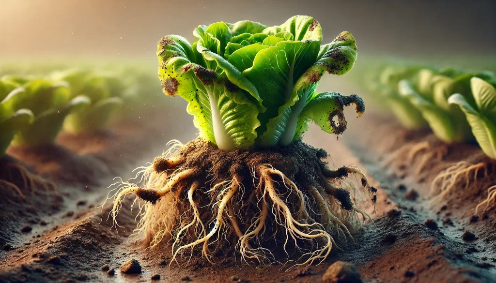 DALL·E 2025 01 13 09.55.56 A highly realistic close up image of a lettuce plant affected by root rot caused by Pythium spp. The roots are dark, mushy, and decayed, contrasting w