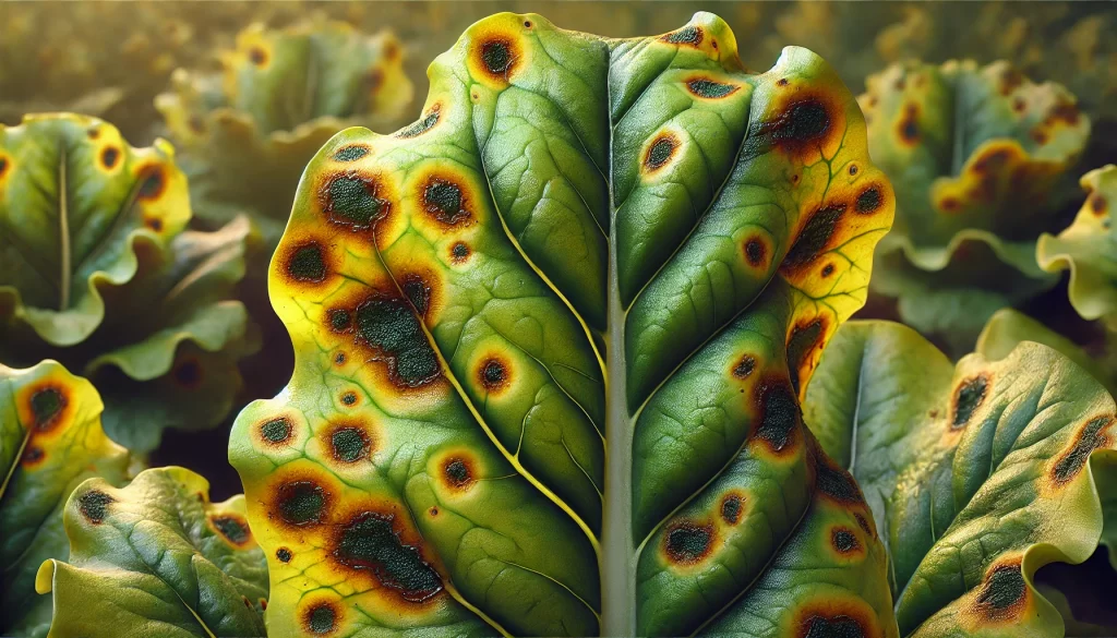 DALL·E 2025 01 13 10.06.11 A highly realistic close up image of a lettuce leaf showing symptoms of angular leaf spot caused by Pseudomonas cichorii. The leaf displays dark brown