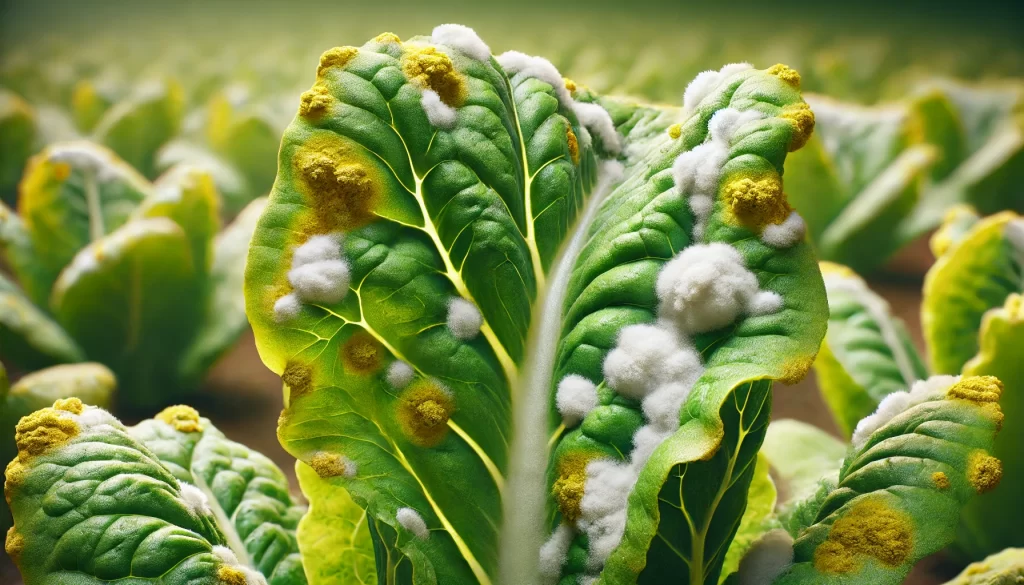 DALL·E 2025 01 13 10.14.43 A highly realistic close up image of a lettuce leaf affected by downy mildew. The leaf shows yellowish spots on the upper surface and white, powdery f