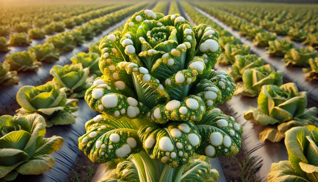 DALL·E 2025 01 13 10.37.34 A highly realistic image of a full lettuce plant affected by downy mildew. The leaves display extensive yellowish spots and patches of white, powdery