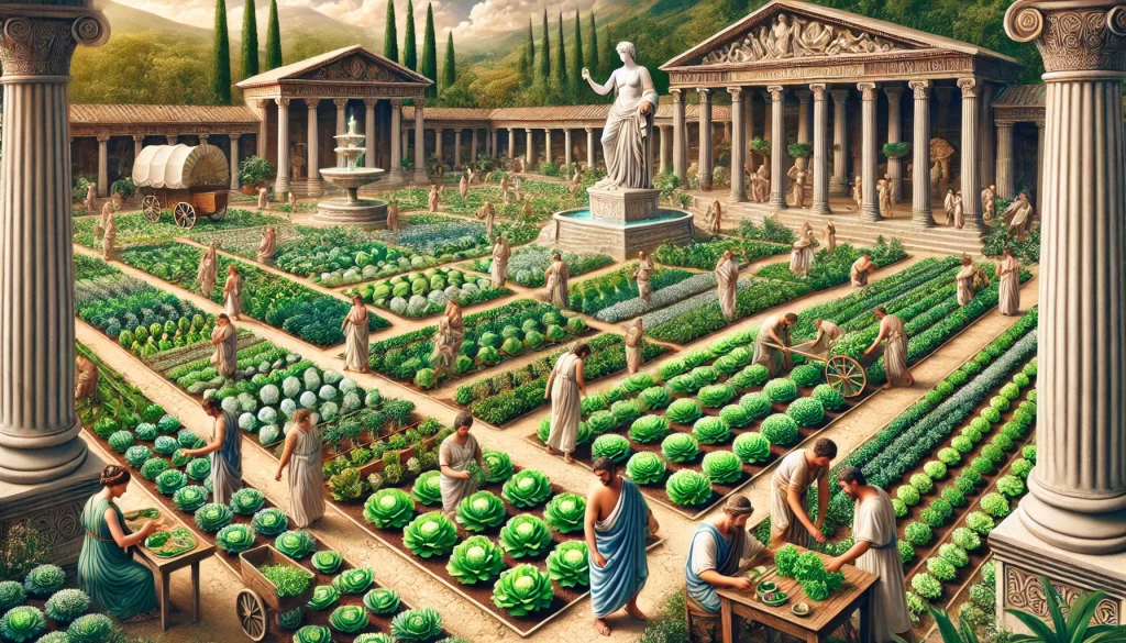 DALL·E 2025 01 13 10.43.41 A highly detailed and artistic depiction of ancient Greek and Roman gardens with cultivated lettuce plants. The scene features neatly arranged lettuce