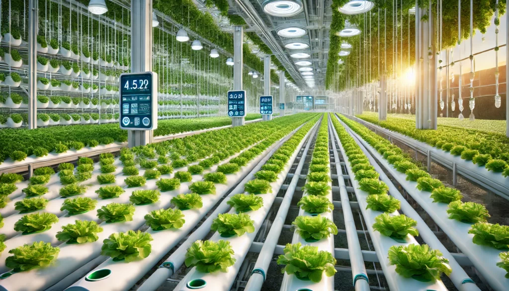 DALL·E 2025 01 13 10.50.24 A highly realistic and modern depiction of lettuce cultivation in the 21st century. The scene shows a high tech greenhouse with rows of vibrant green