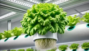 DALL·E 2025 01 13 10.52.29 A highly realistic close up image of a hydroponic lettuce plant growing in a modern system. The vibrant green leaves are full and healthy, showing det