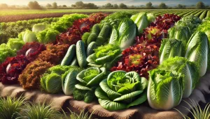 DALL·E 2025 01 13 10.59.09 A highly realistic image showcasing different varieties of lettuce placed side by side in a field. The varieties include crisphead lettuce, butterhead