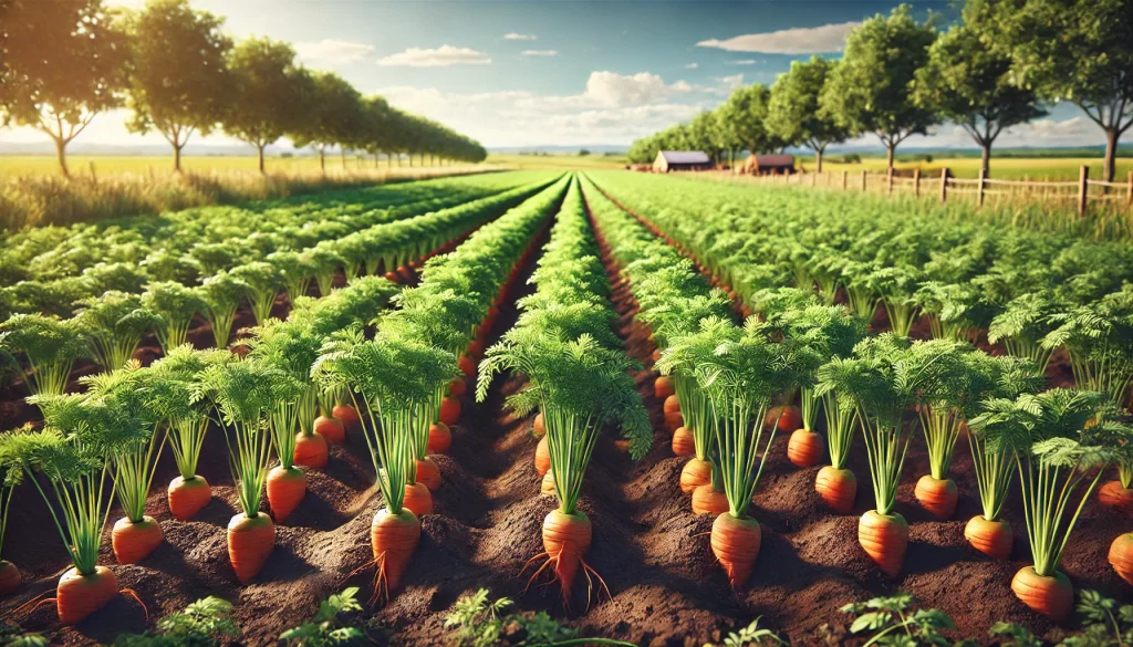 DALL·E 2025 01 13 11.00.47 A highly realistic image of a carrot field in a rural agricultural setting. The scene shows rows of vibrant green carrot tops growing in rich, dark so