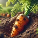 DALL·E 2025 01 13 11.01.28 A highly realistic close up image of a mature carrot partially visible in the soil, surrounded by its vibrant green tops. The orange root is detailed
