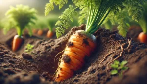 DALL·E 2025 01 13 11.01.28 A highly realistic close up image of a mature carrot partially visible in the soil, surrounded by its vibrant green tops. The orange root is detailed