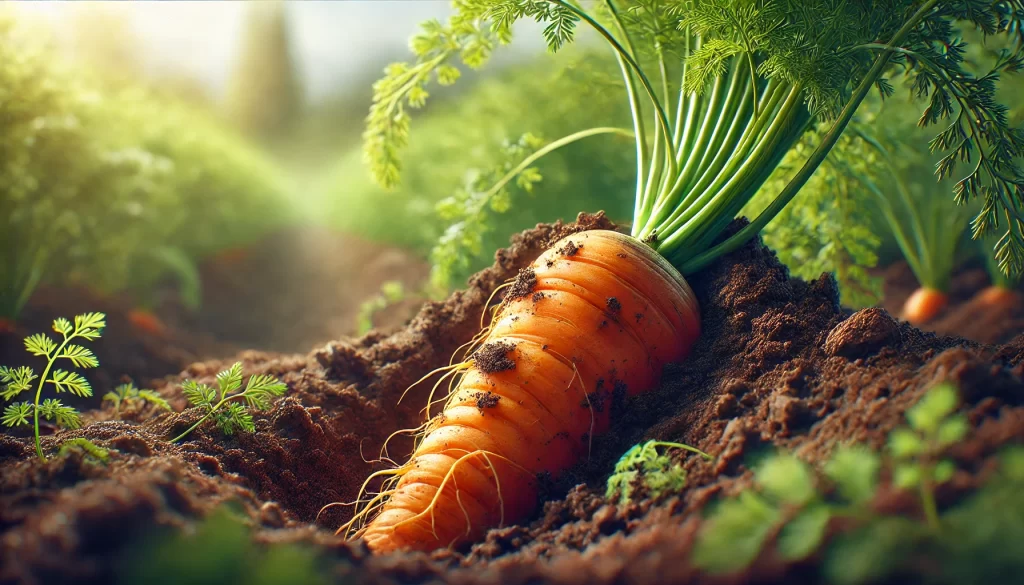 DALL·E 2025 01 13 11.02.14 A highly realistic close up image of a mature carrot emerging from the soil in a field. The carrot's vibrant orange color contrasts beautifully with t