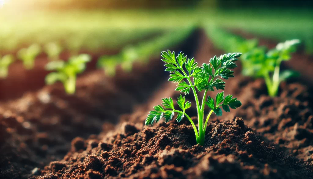 DALL·E 2025 01 13 11.03.07 A highly realistic image of young carrot seedlings growing in a field. The small, delicate green leaves are sprouting from rich, dark soil in evenly s