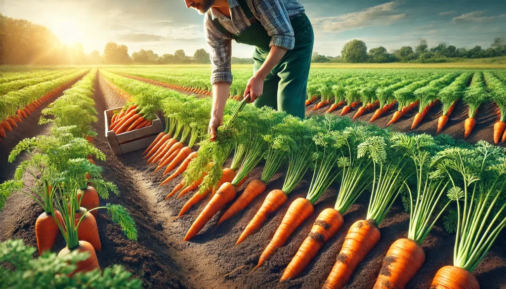 DALL·E 2025 01 13 11.03.56 A highly realistic image of a farmer harvesting carrots in a field. The farmer is pulling vibrant orange carrots from the rich, dark soil, with green