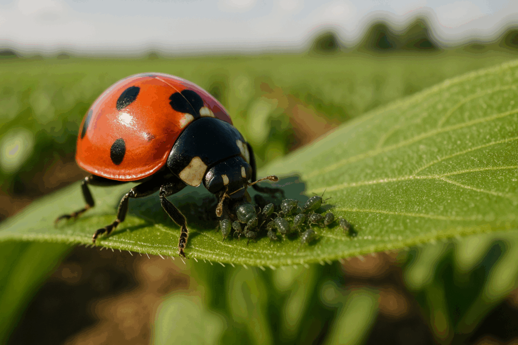 Red ladybug with black spots feeding on aphids on a crop leaf, demonstrating its role as a natural biological control agent.