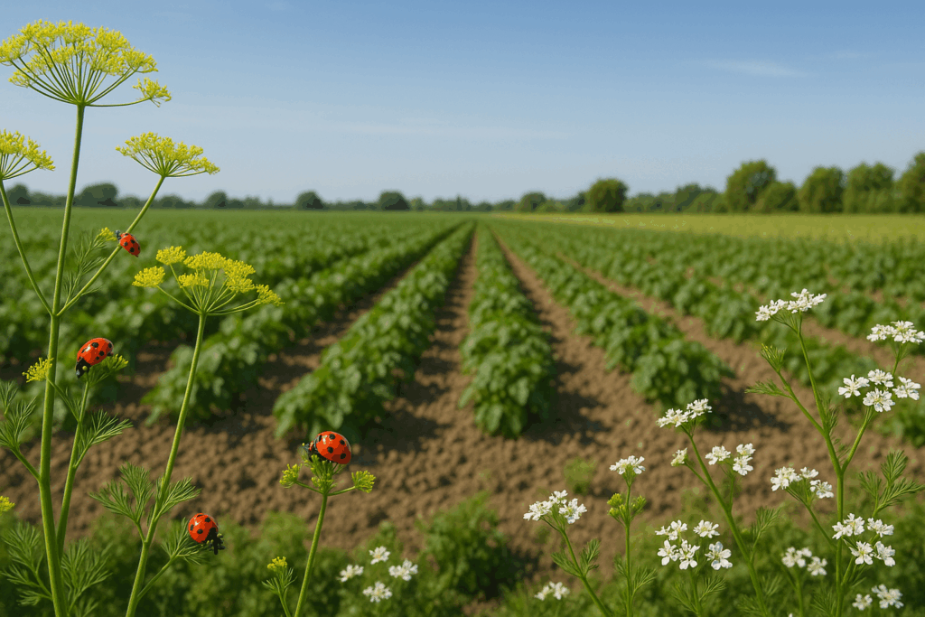 Ladybug perched on an agricultural crop, surrounded by healthy plants, symbolizing sustainable biological control.