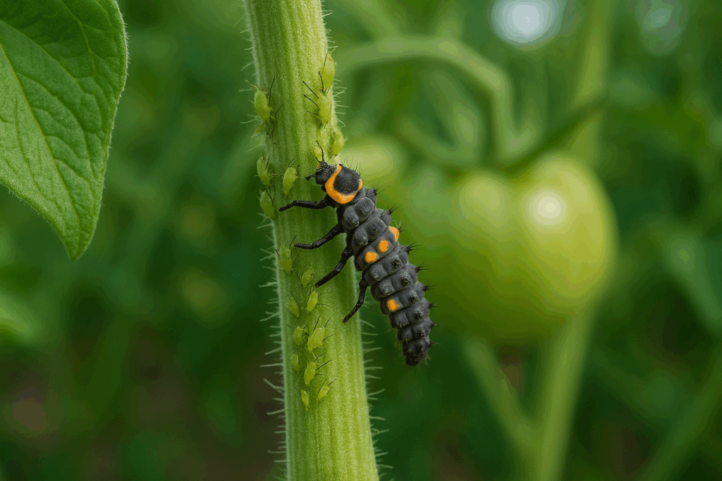 Ladybug larva eating aphids on a tomato stem, highlighting their effectiveness in pest control for horticulture.