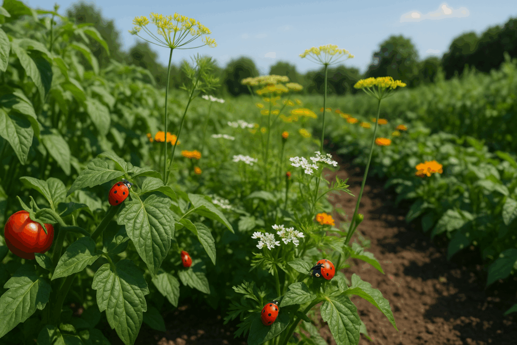 Agroecological garden with aromatic plants and active ladybugs, representing natural insect control strategies.