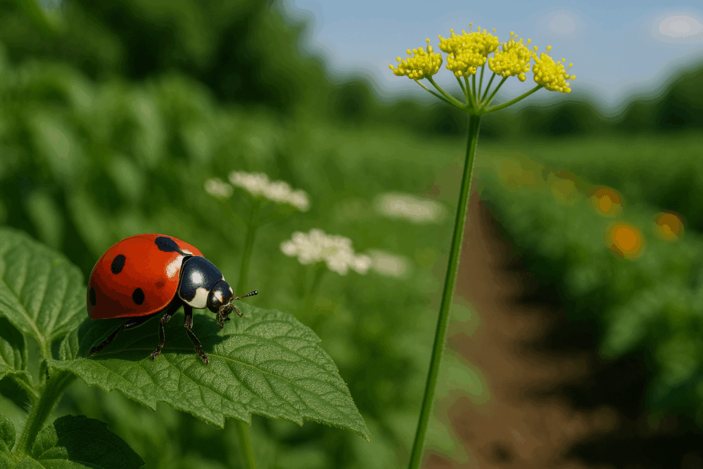 Farmer releasing ladybugs onto infested plants, a common practice in biological pest management.