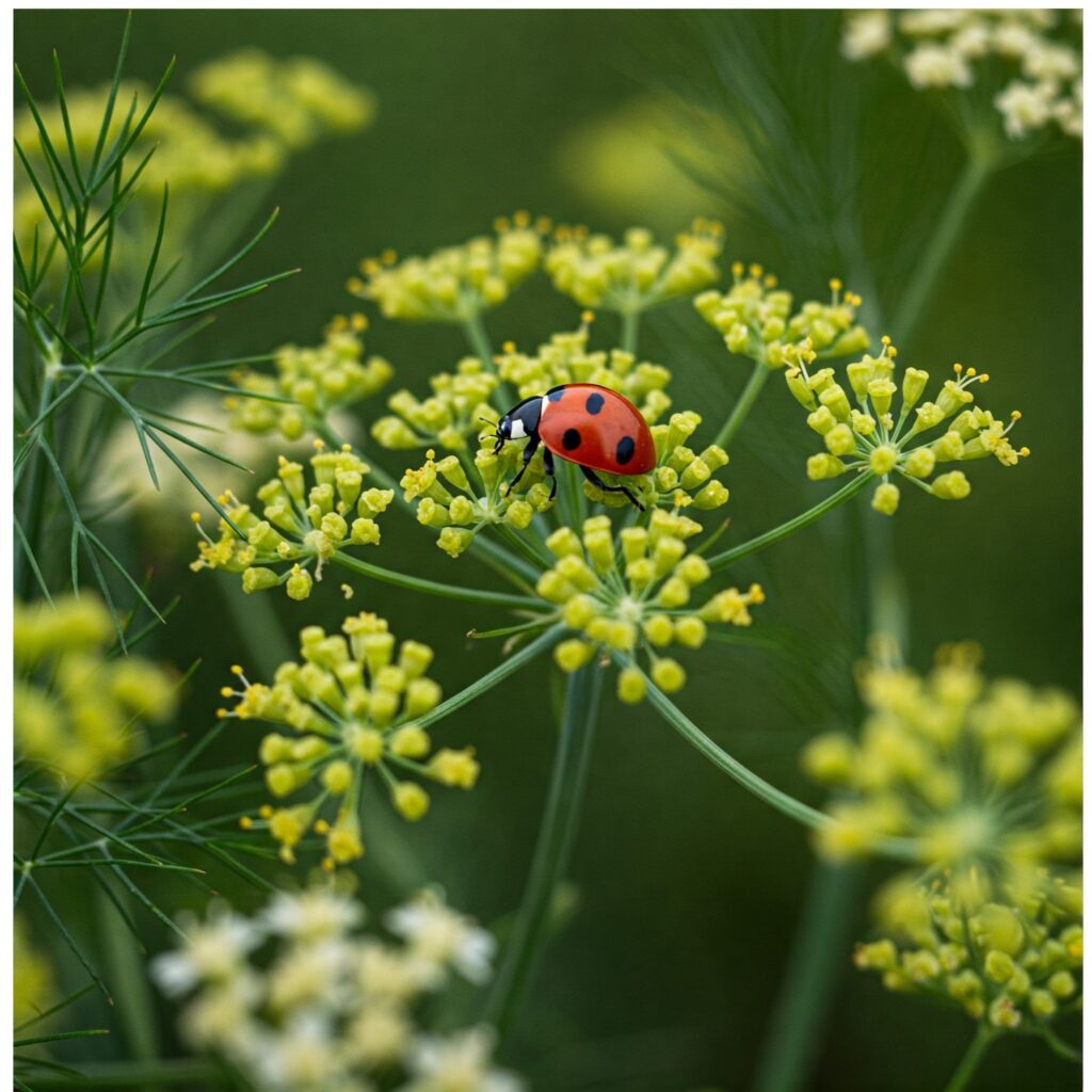 Ladybug on a fennel flower, seeking nectar, as an example of floral design to attract beneficial insects.
