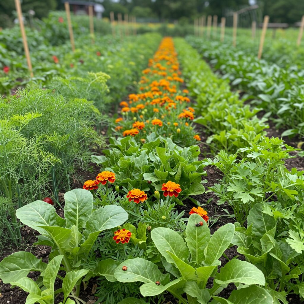 Diversified orchard with flowers like marigold, fennel, and cilantro naturally attracting ladybugs.