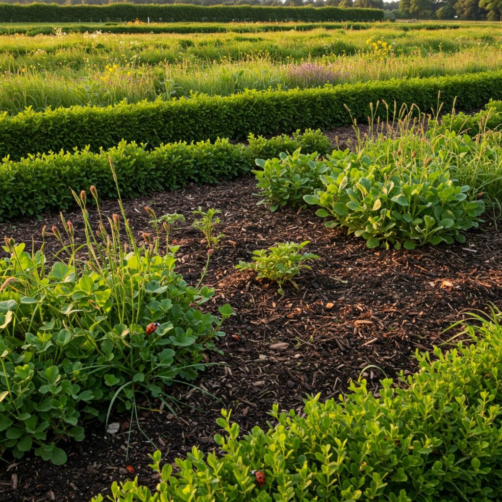 Agricultural plot with living fences, organic mulch, and auxiliary flowers that provide refuge and food for ladybugs.