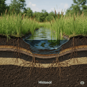 Perfil de un Histosol en un humedal, mostrando capas oscuras de materia orgánica y vegetación sobre su superficie.