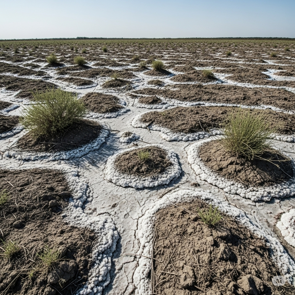 Arides landwirtschaftliches Feld mit sichtbarer Salzansammlung aufgrund von Verdunstung und geringer Wasserinfiltration.
