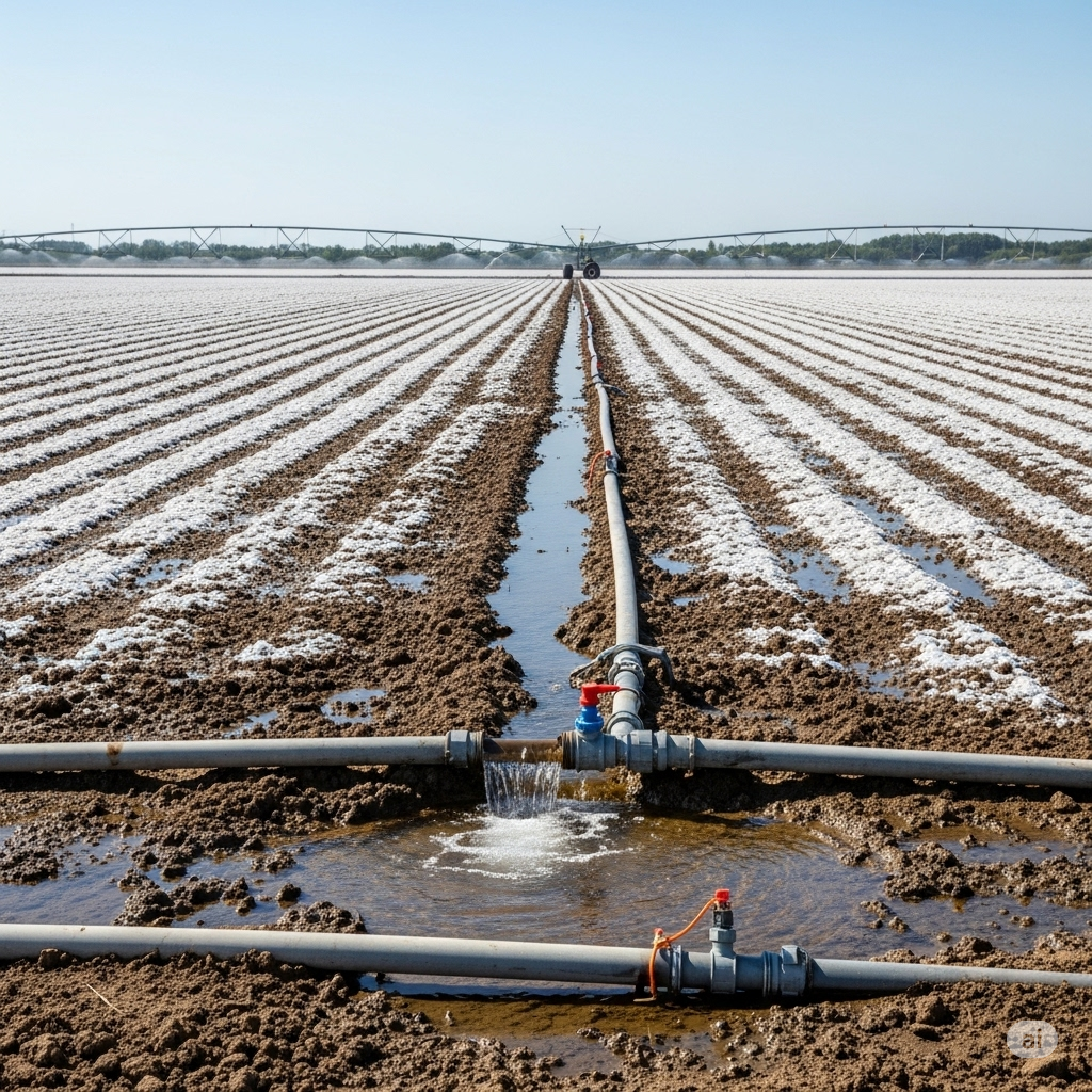 Landwirtschaftliches Feld, das einer Bodenspülung mit sauberem Wasser unterzogen wird, um angesammelte Salze zu entfernen.