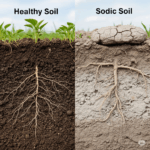 Comparación entre suelo sano con buena estructura y suelo sódico con costras, raíces débiles y compactación.