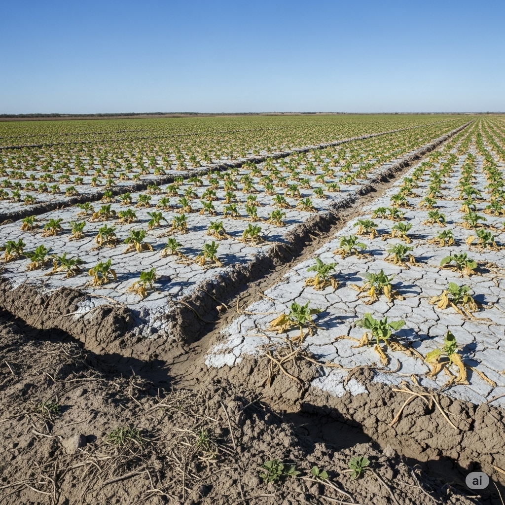 Landwirtschaftliche Fläche, die von Sodizität betroffen ist, mit verkrusteter Oberfläche, geringer Infiltration und verkümmerten Kulturen.