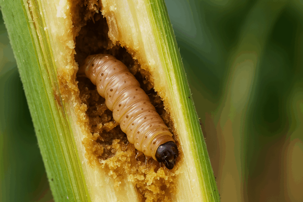 Stängelbohrer im Maisstängel, der strukturelle Schäden in landwirtschaftlichen Kulturen verursacht.