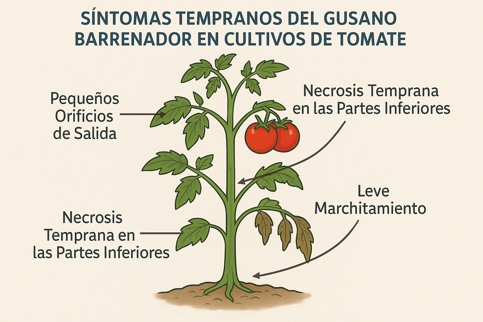 Symptome des Stängelbohrers an Tomaten, Ausbohrlöcher und Nekrose an den Stängeln.