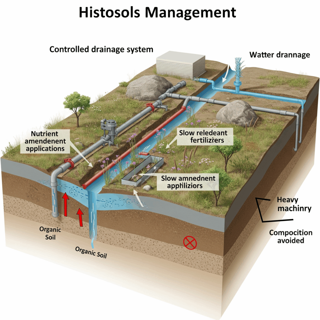 Diagramme de gestion agricole des Histosols avec drainage contrôlé, amendements et prévention de la compaction.