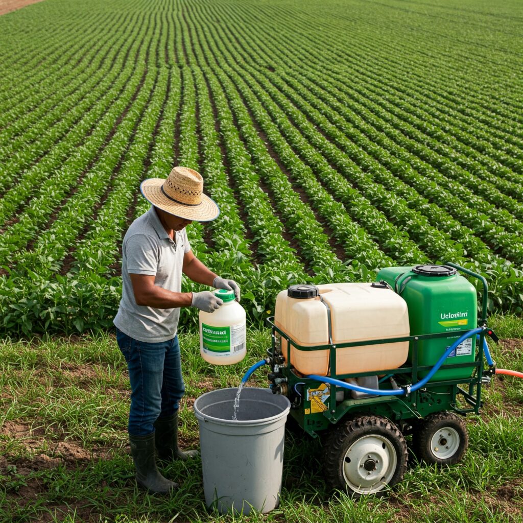 Aplicación de biofertilizante con PGPR en un campo agrícola.