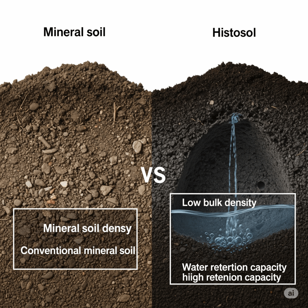 Comparaison entre sol minéral et Histosol, mettant en évidence la faible densité apparente et la teneur élevée en matière organique.