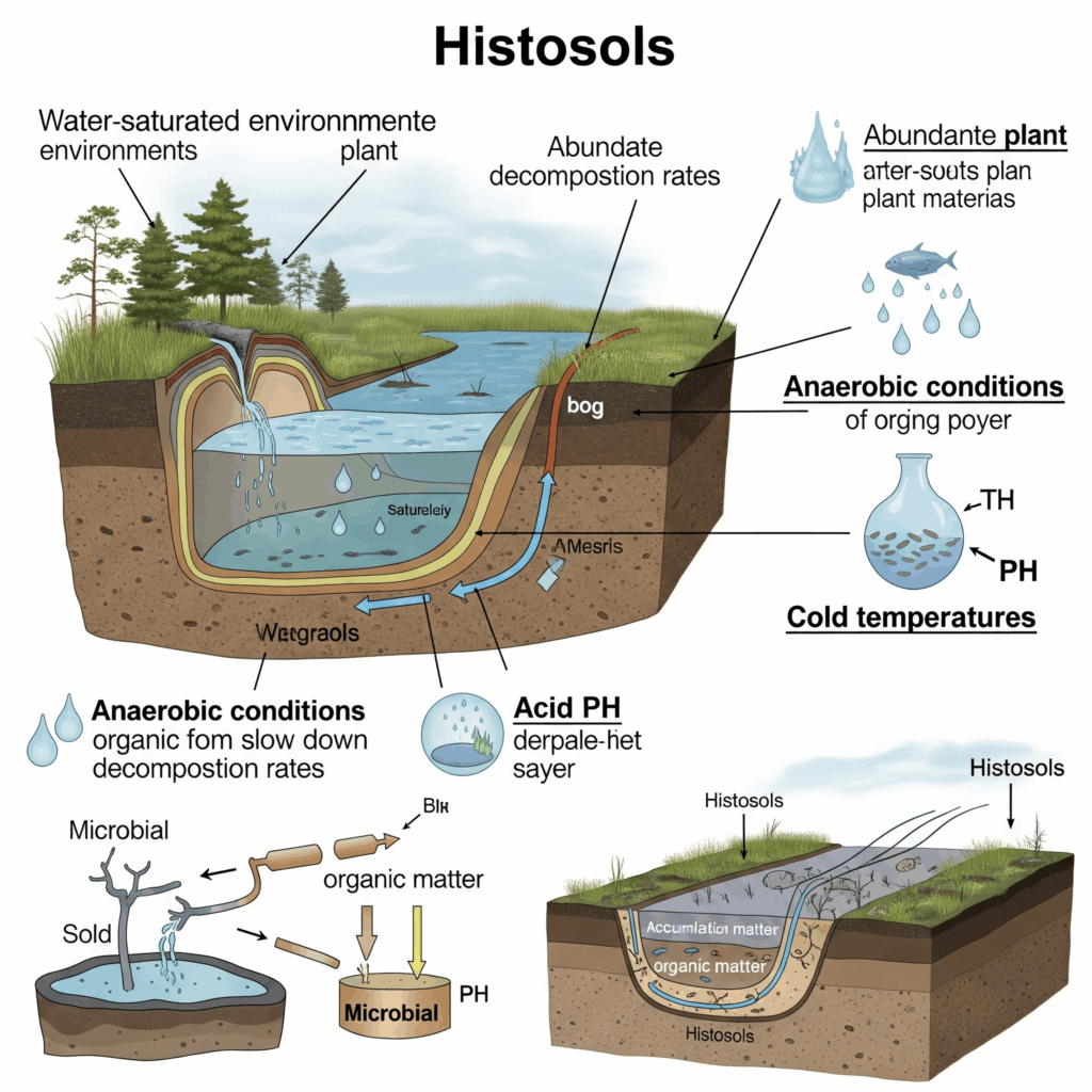 Diagramme éducatif sur la formation des Histosols dans des environnements humides et froids avec accumulation de matière végétale.