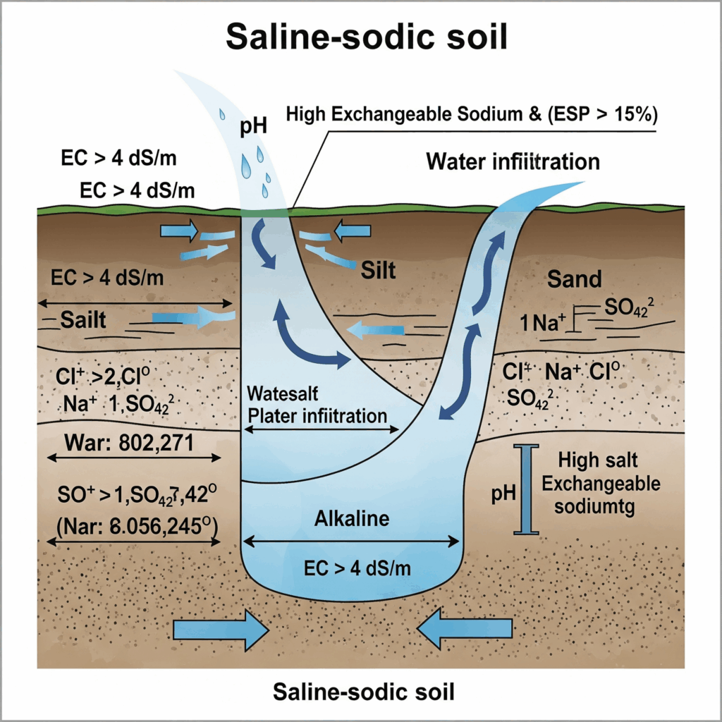 Diagrama explicativo de la composición del suelo salino-sódico con alta salinidad y sodicidad