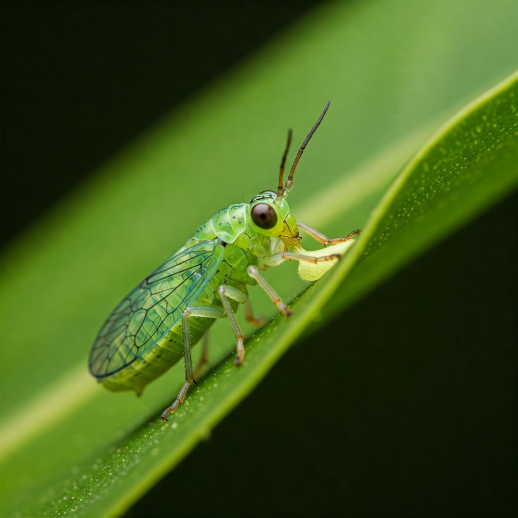 Blattlaus, die sich von einem Blatt ernährt, ein häufiger Vektor des Mosaikvirus.