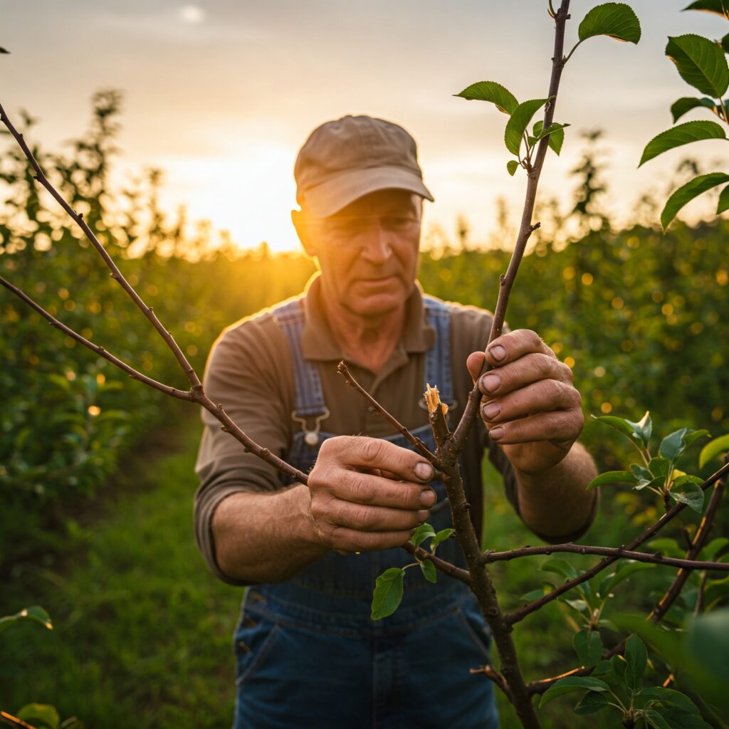 Landwirt entdeckt Stängelbohrer in einem Obstbaumfeld mit deutlichen Schäden an den Stängeln.