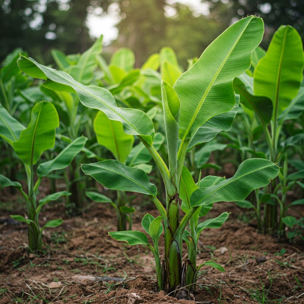 Active vegetative growth in young plantain plants.