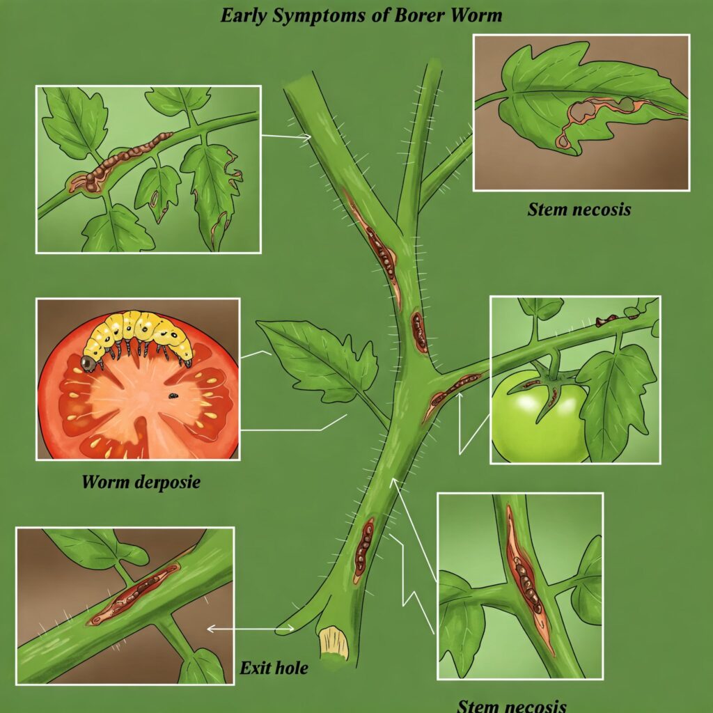 Symptome des Stängelbohrers an Tomaten, Ausbohrlöcher und Nekrose an den Stängeln.