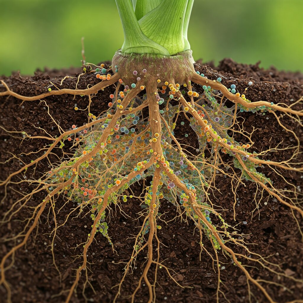 Raíces colonizadas por hongos promotores del crecimiento mostrando absorción de nutrientes.