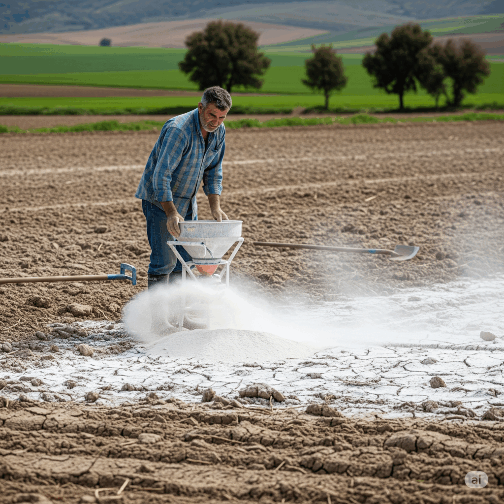Landwirt, der Gips auf salzhaltigen Boden aufbringt, um dessen Struktur zu verbessern und Natrium zu verdrängen.