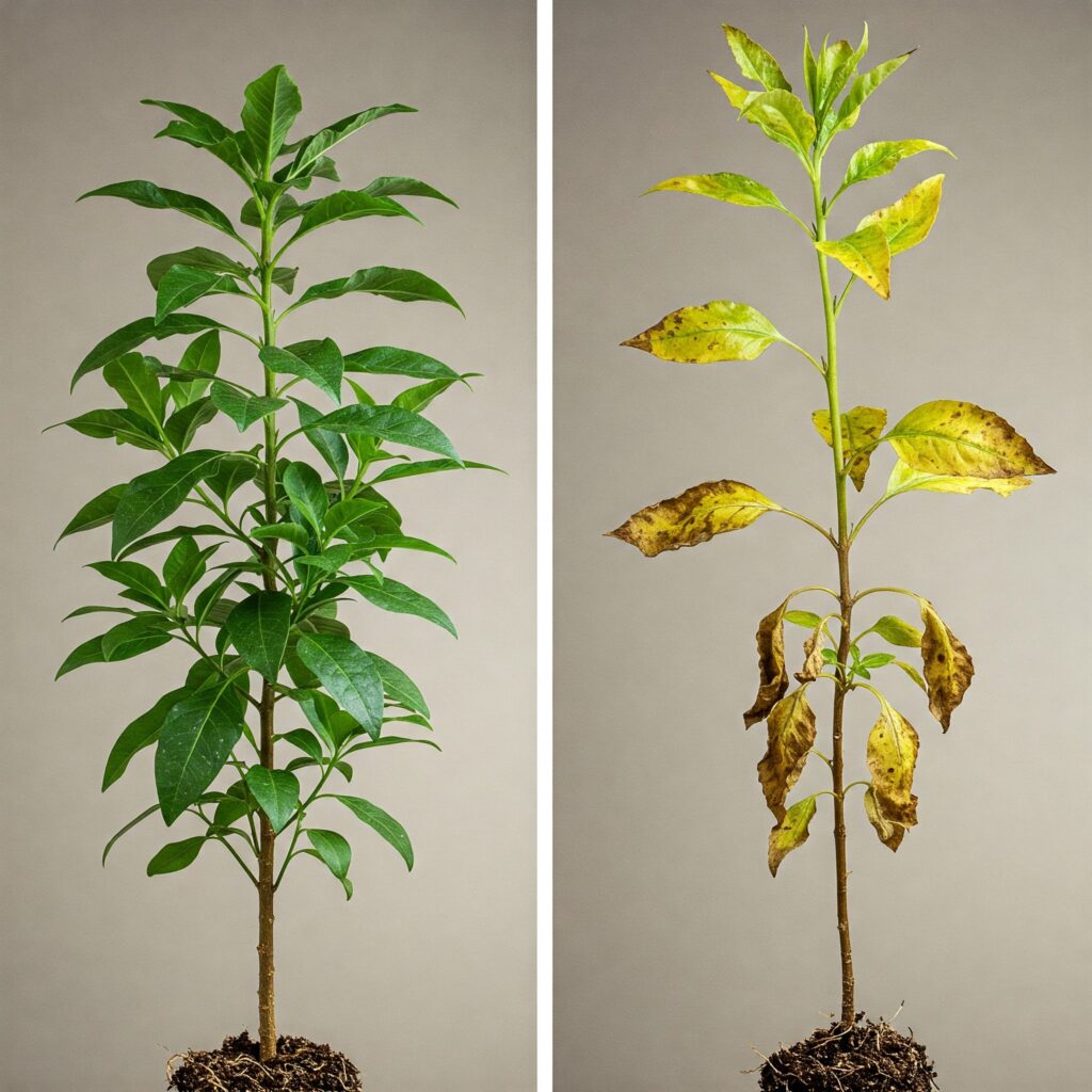 Vergleich zwischen Pflanzen mit und ohne Phosphorverfügbarkeit dank freisetzender Pilze.