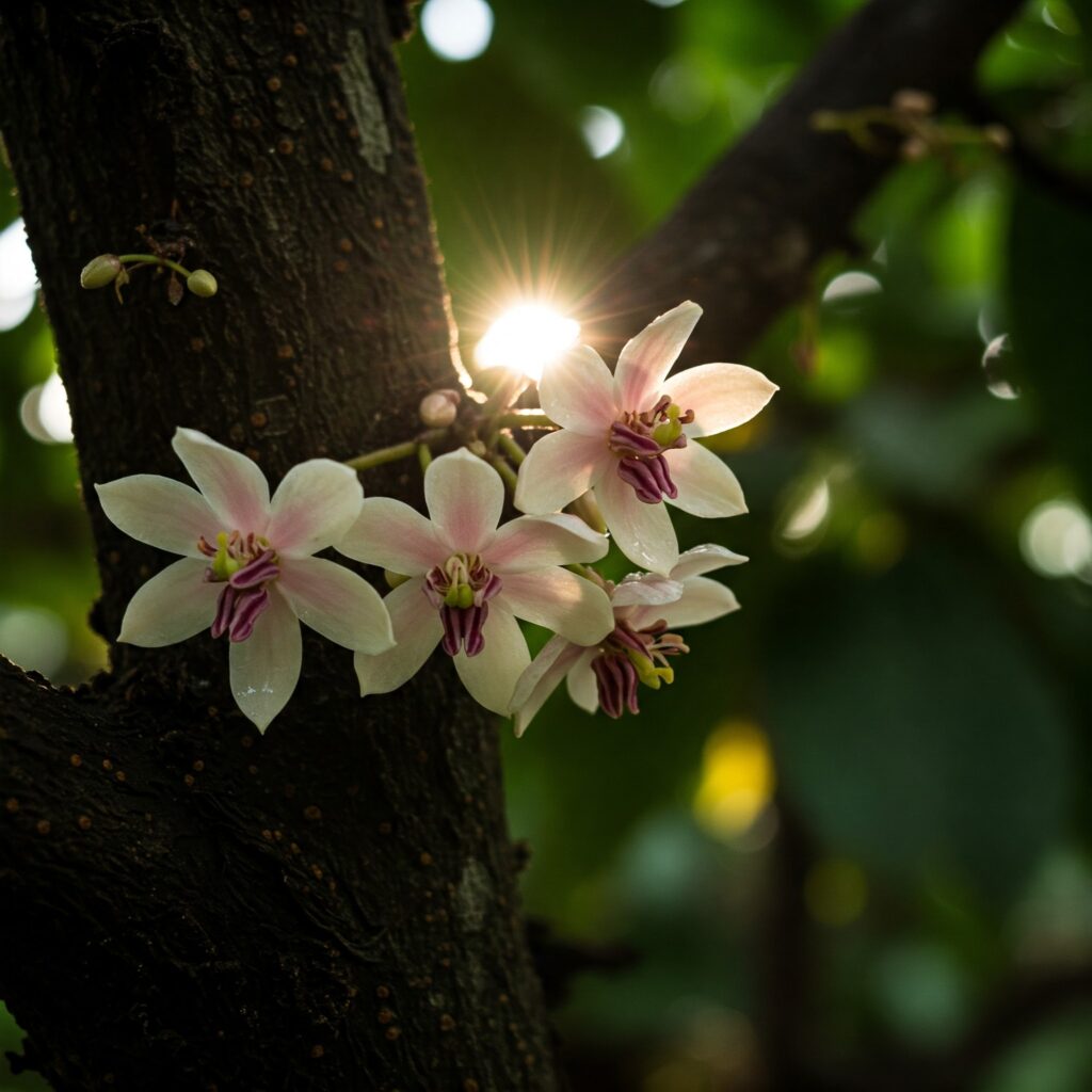 Kakaoblüte mit stammblütigen Blüten.